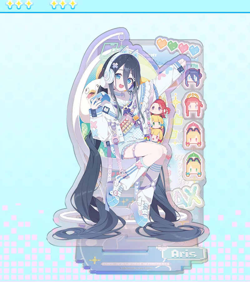 Aris SUPER NOVA LIVE layered acrylic stand with character, broadcast backdrop and base.