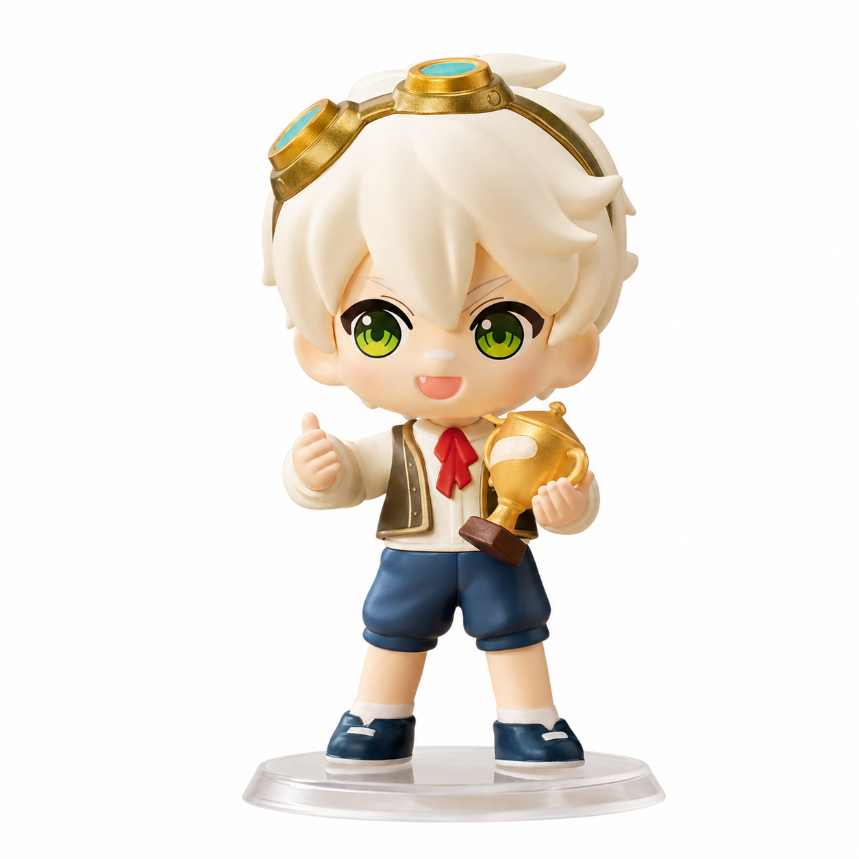 Genshin school-series comparison figure: Bennett with blond hair, goggles, trophy and thumbs-up pose, on a clear round base. This design is sold separately.