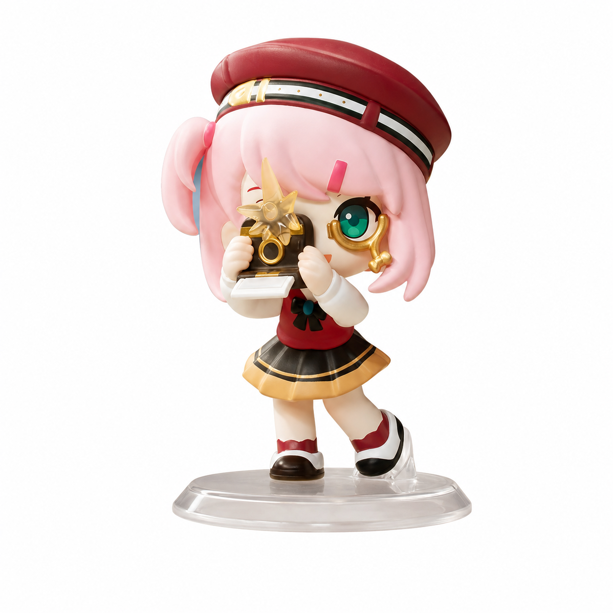 POP MART Charlotte Confirmed Figure. Charlotte raises a small gold-colored camera to her face. Her pink hair, red cap and red jacket form a bright school-reporter look.
