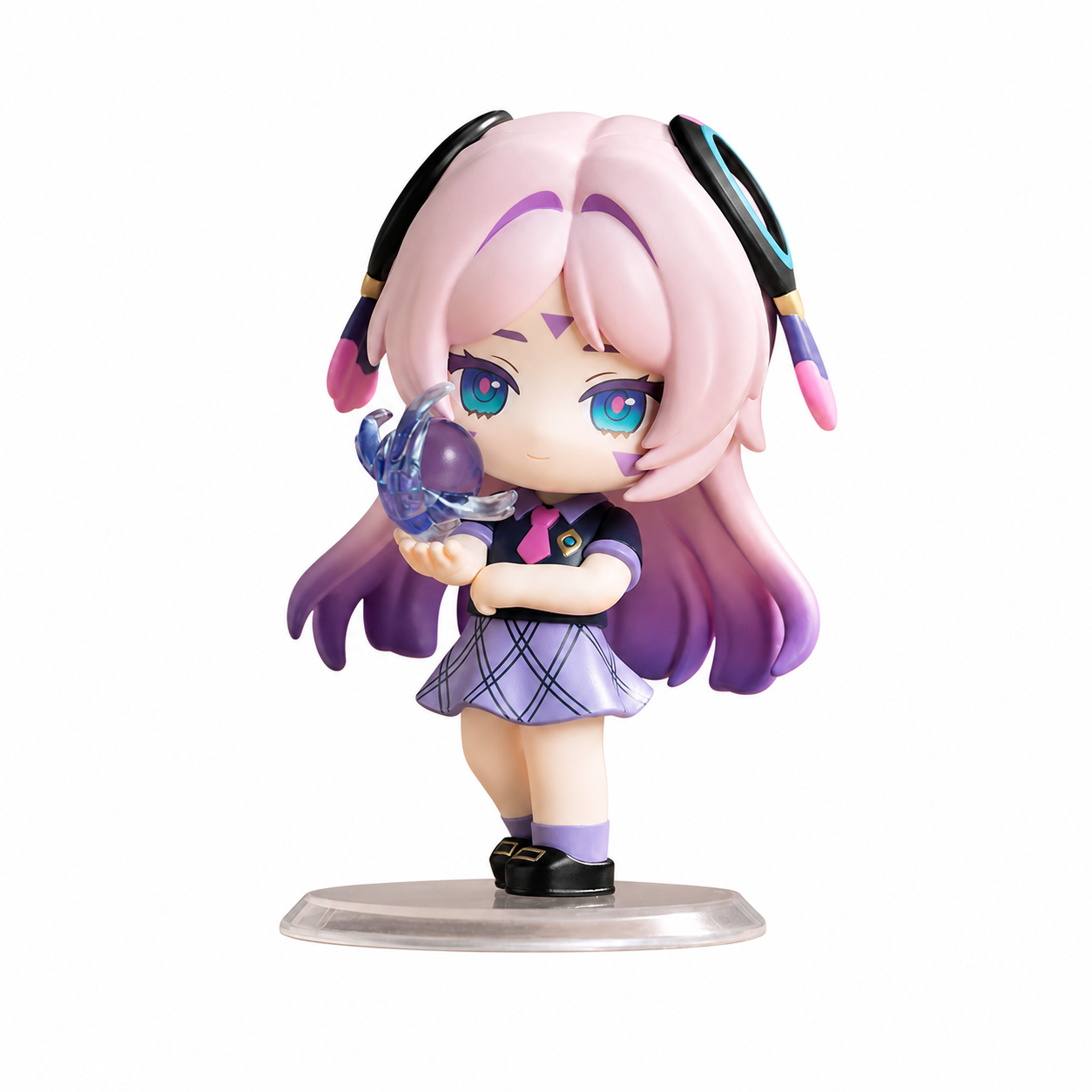 POP MART Citlali Confirmed Figure. Citlali has pink-to-purple hair, turquoise eyes and a dark head ornament, holding a small purple object while standing on a clear base.