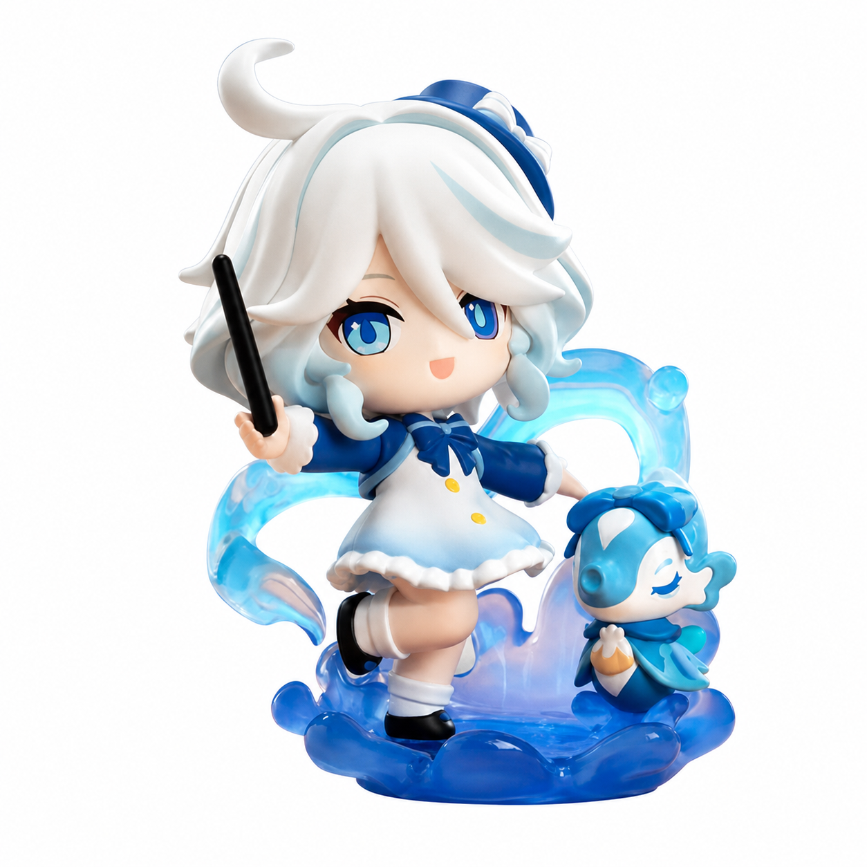 POP MART Furina — Hidden Confirmed Figure. Hidden Furina wears white and blue, holding a dark wand above a translucent blue water-effect base with a small blue companion.