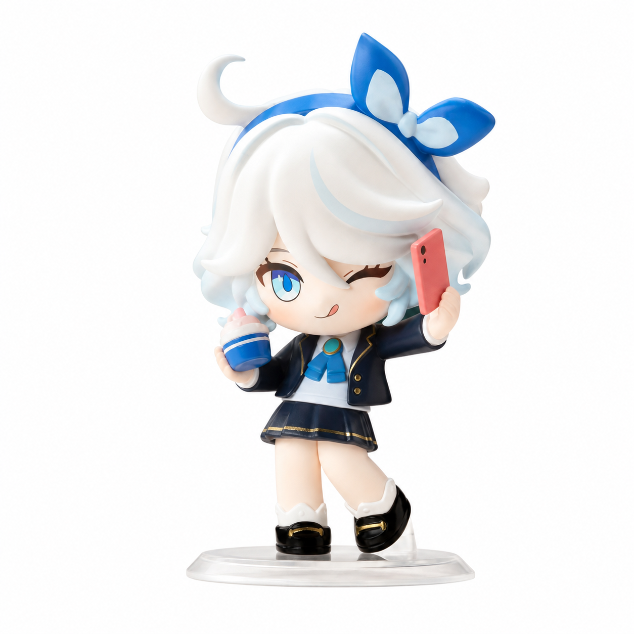 POP MART Furina — Standard Confirmed Figure. Standard Furina wears a blue-and-black school-style outfit and a blue bow, carrying a small blue cup and a pink handheld accessory.