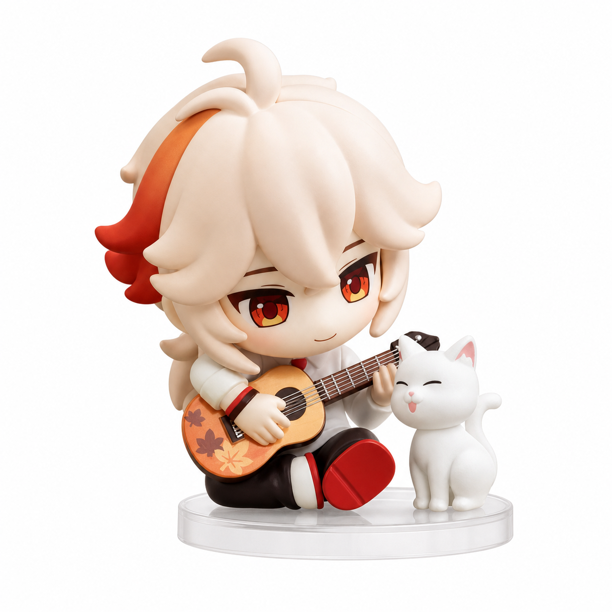 Genshin school-series comparison figure: Kazuha seated with a small guitar and white cat, on a clear round base. This design is sold separately.