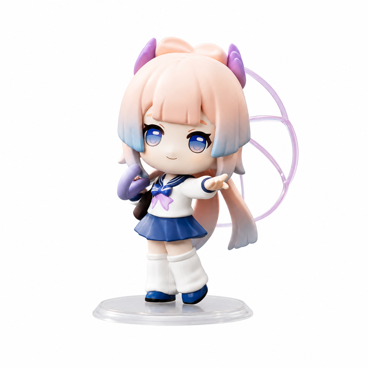 Genshin school-series comparison figure: Kokomi with pale pink hair, white-and-blue school clothes and bag, on a clear round base. This design is sold separately.