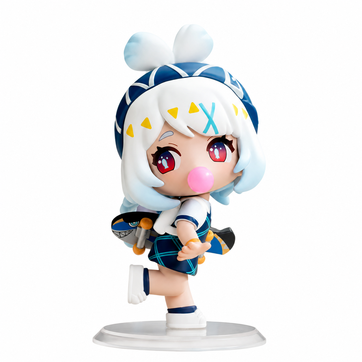 POP MART Mualani Confirmed Figure. Mualani poses with one leg raised, a blue headband and a pink bubble at her mouth. Blue-and-yellow clothing stands above a clear base.