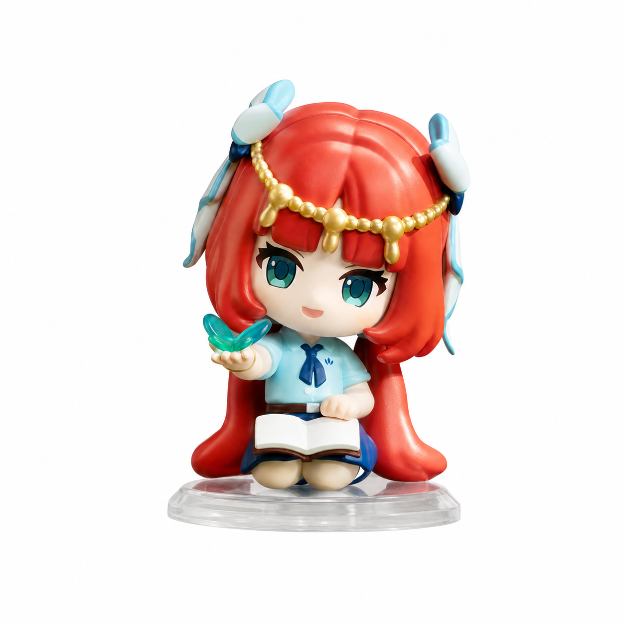 POP MART Nilou Confirmed Figure. Nilou sits holding an open book, with long red hair, a gold-colored head chain and pale blue ornaments. Her white-and-blue outfit follows the academy theme.