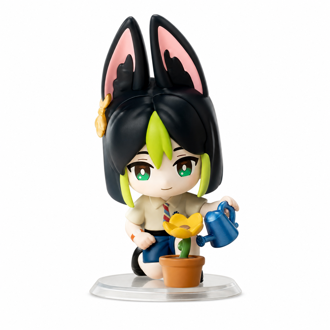 Genshin school-series comparison figure: Tighnari with large ears, green hair accent, watering can and flowerpot, on a clear round base. This design is sold separately.