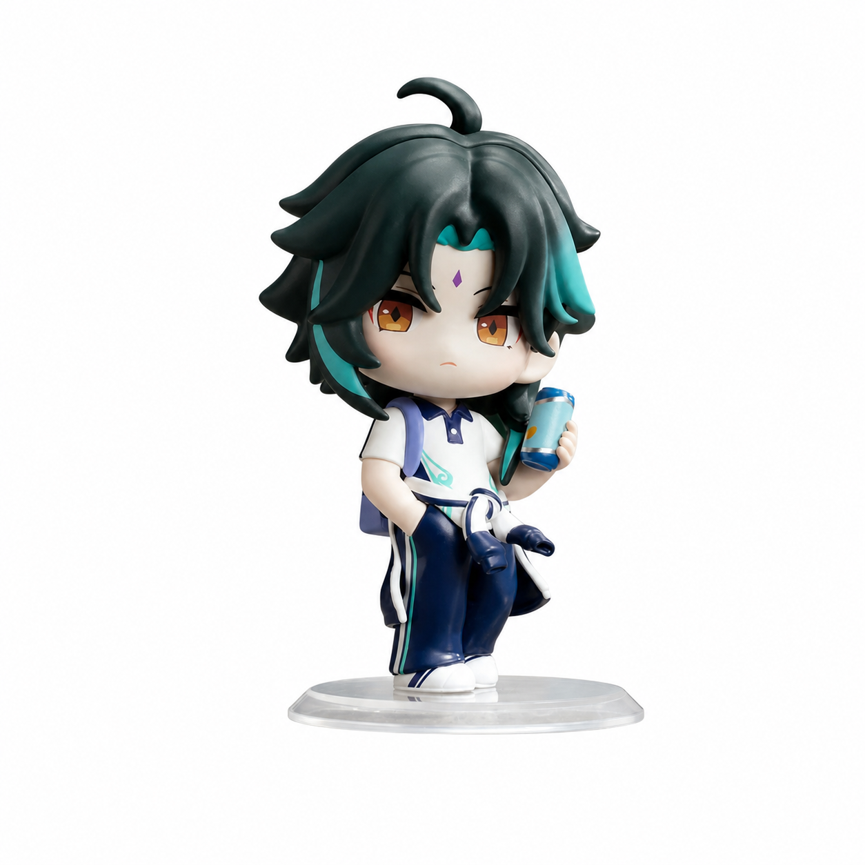 Genshin school-series comparison figure: Xiao with dark teal hair, cup and sleeveless shirt, on a clear round base. This design is sold separately.