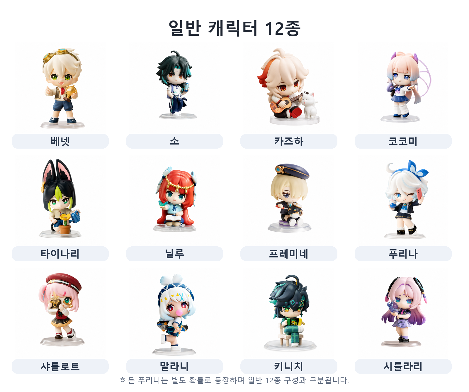 Korean comparison panel lists 12 regular Genshin school-series designs and separately notes hidden Furina. Individual confirmed-figure listings do not include the entire lineup.