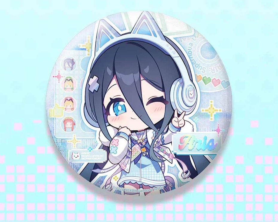 Aris SUPER NOVA LIVE round chibi badge, 58 mm design.