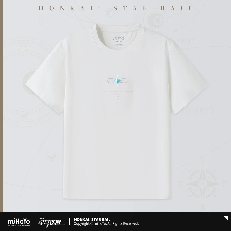 Cyrene — White T-Shirt. A white short-sleeved T-shirt with a small iridescent-looking star-and-infinity chest graphic and a larger Cyrene design on the back.