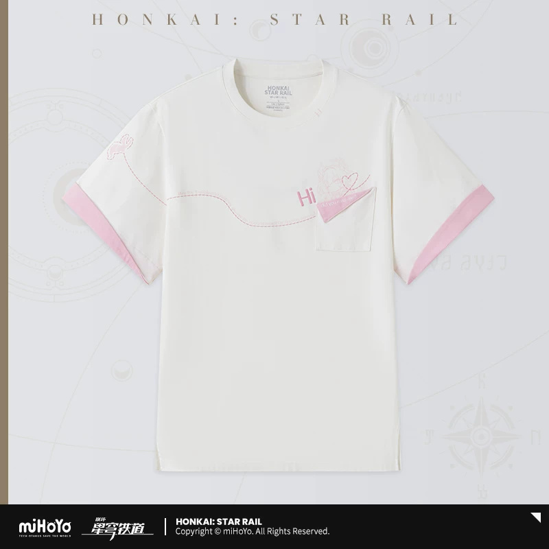 Cyrene — Contrast T-Shirt — White/Pink. A white T-shirt with pink sleeve edges, a chest pocket and a playful paper-plane line graphic. A pink signature-style design appears on the back.