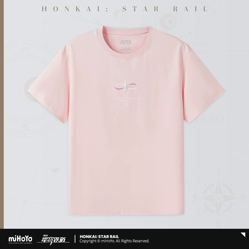 Cyrene — Pink T-Shirt. A pink short-sleeved T-shirt with a small star-and-infinity motif on the chest and Cyrene line art and lettering across the back.