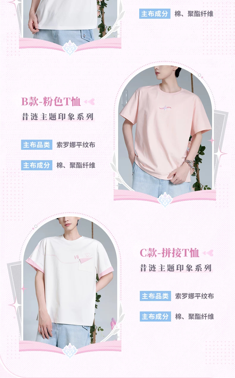 Cyrene T-shirt comparison specifications distinguish pink B from white-and-pink contrast C, with cotton/polyester and Sorona fabric wording.