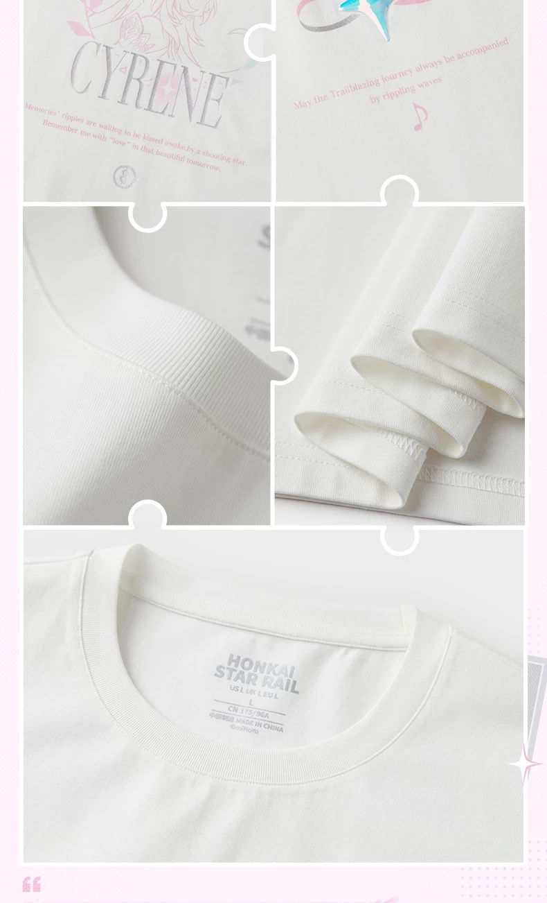 White A T-shirt fabric, ribbed collar, sewn neck label and chest print close-ups.