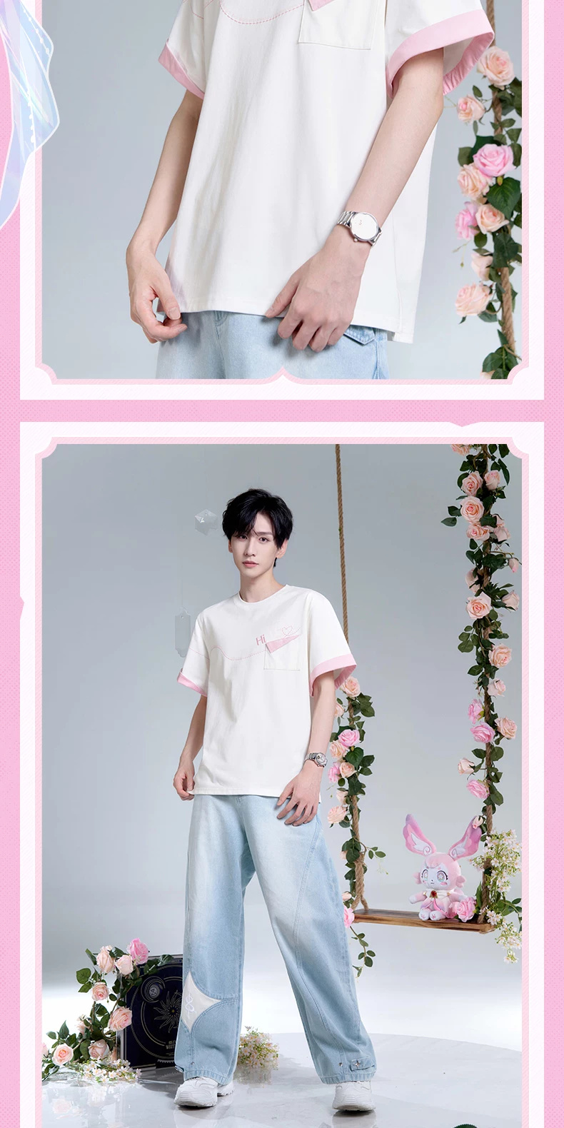 Cyrene C T-shirt full view and close-ups of its chest pocket and pink sleeve cuffs.