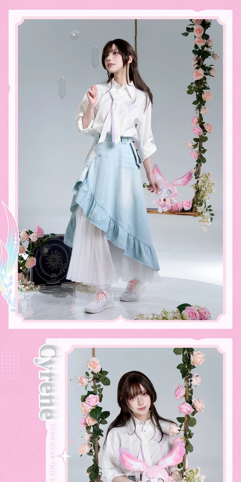 Cyrene white shirt tucked into a denim-and-mesh skirt, with a rabbit plush and shoes used for styling.