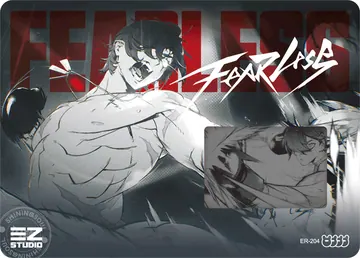 ZZZ card sample: Horizontal design with an inset window. Black-and-white male action scene with red lettering. Inclusion is random.