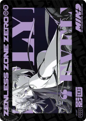 ZZZ card sample: LR design with rotated grayscale artwork. Blond character, purple accents. Inclusion is random.