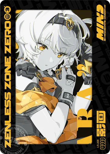 ZZZ card sample: LR design with rotated grayscale artwork. Short pale hair, yellow accents. Inclusion is random.