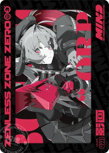 ZZZ card sample: LR design with rotated grayscale artwork. Pale-haired armed character, pink-and-red accents. Inclusion is random.