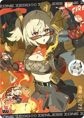 ZZZ card sample: Birthday illustration, blond twin tails and glasses, pouring a drink. Inclusion is random.