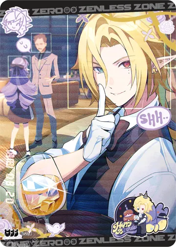ZZZ card sample: Birthday illustration, blond male at a bar making a quiet gesture. Inclusion is random.