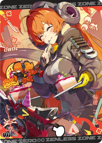 ZZZ card sample: Birthday illustration, orange-haired uniformed character with cake and equipment. Inclusion is random.