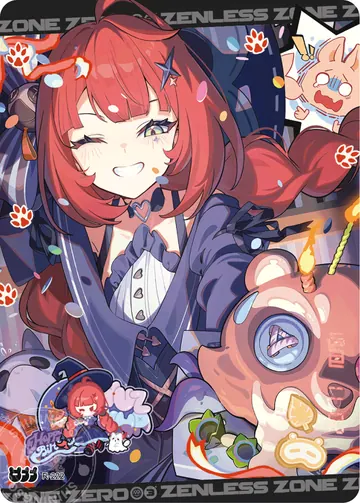 ZZZ card sample: Birthday illustration, red-haired character posing with dessert. Inclusion is random.