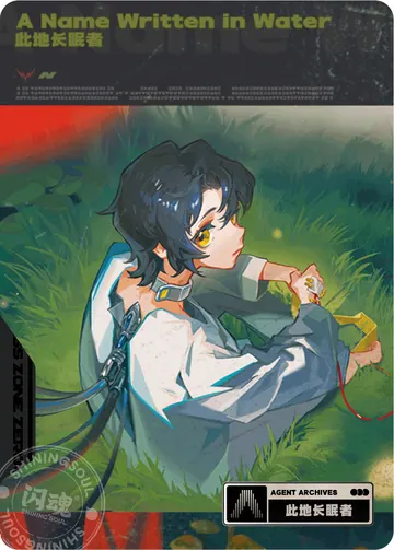 ZZZ card sample: Vertical Agent Archives illustration. Dark-haired character on grass. Inclusion is random.