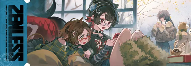 ZZZ card sample: Wide blue-toned interior scene with several characters. Inclusion is random.