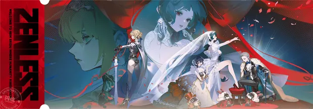 ZZZ card sample: Wide blue-and-red composition with a portrait and surrounding cast. Inclusion is random.