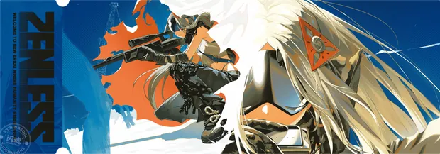 ZZZ card sample: Wide white-haired character action scene in blue and orange. Inclusion is random.